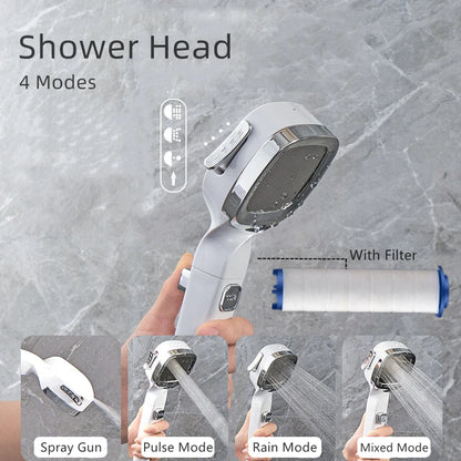 4 Modes High Pressure Shower Head with Switch on off Button Sprayer Water Saving Adjustable Shower Nozzle Filter for Bathroom