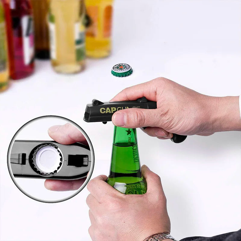 Portable Cap Gun Creative Flying Cap Launcher Bottle Beer Opener Bar Tool Drink Opening Gun Shaped Bottle Lids Shooter Red Gray