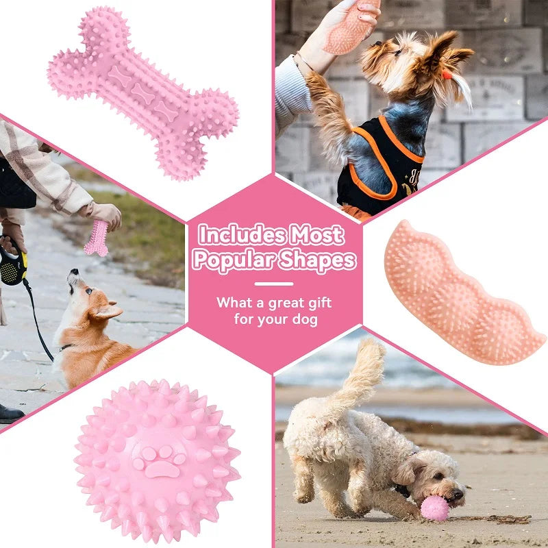 Dog Chew Toys for Cleaning Teeth Pink Soft Rubber Bone Funny Ball Interactive Donut Treat Set for Small Medium Dogs Pet Gifts