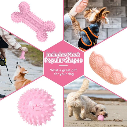 Dog Chew Toys for Cleaning Teeth Pink Soft Rubber Bone Funny Ball Interactive Donut Treat Set for Small Medium Dogs Pet Gifts