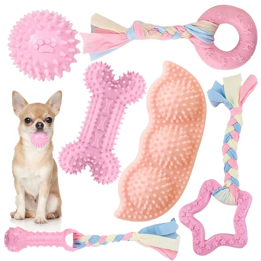 Dog Chew Toys for Cleaning Teeth Pink Soft Rubber Bone Funny Ball Interactive Donut Treat Set for Small Medium Dogs Pet Gifts